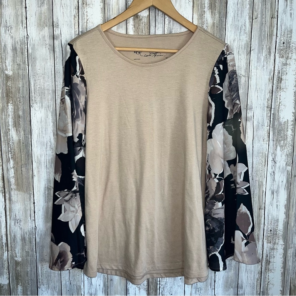 DG2 Diane Gilman Tan Floral Sheer Long Sleeve Blouse Women’s Medium